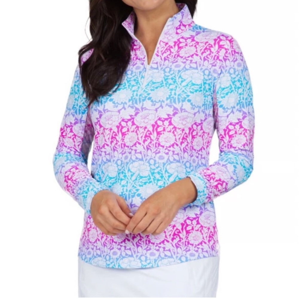 IBKUL Women’s Performance Top Pink Blue Floral‎ Long Sleeve Golf UPF 50+ Size S